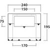 Dessin technique : rectangle extérieur avec '240' en haut et '195' à droite ; petit rectangle intérieur en haut avec '150' au-dessus ; en bas '170' horizontal ; gauche et droite '75' verticaux ; flèches de mesure le long des bords