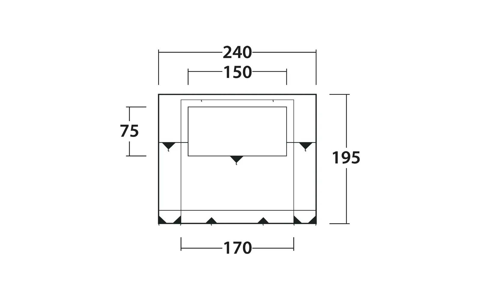 Dessin technique : rectangle extérieur avec '240' en haut et '195' à droite ; petit rectangle intérieur en haut avec '150' au-dessus ; en bas '170' horizontal ; gauche et droite '75' verticaux ; flèches de mesure le long des bords