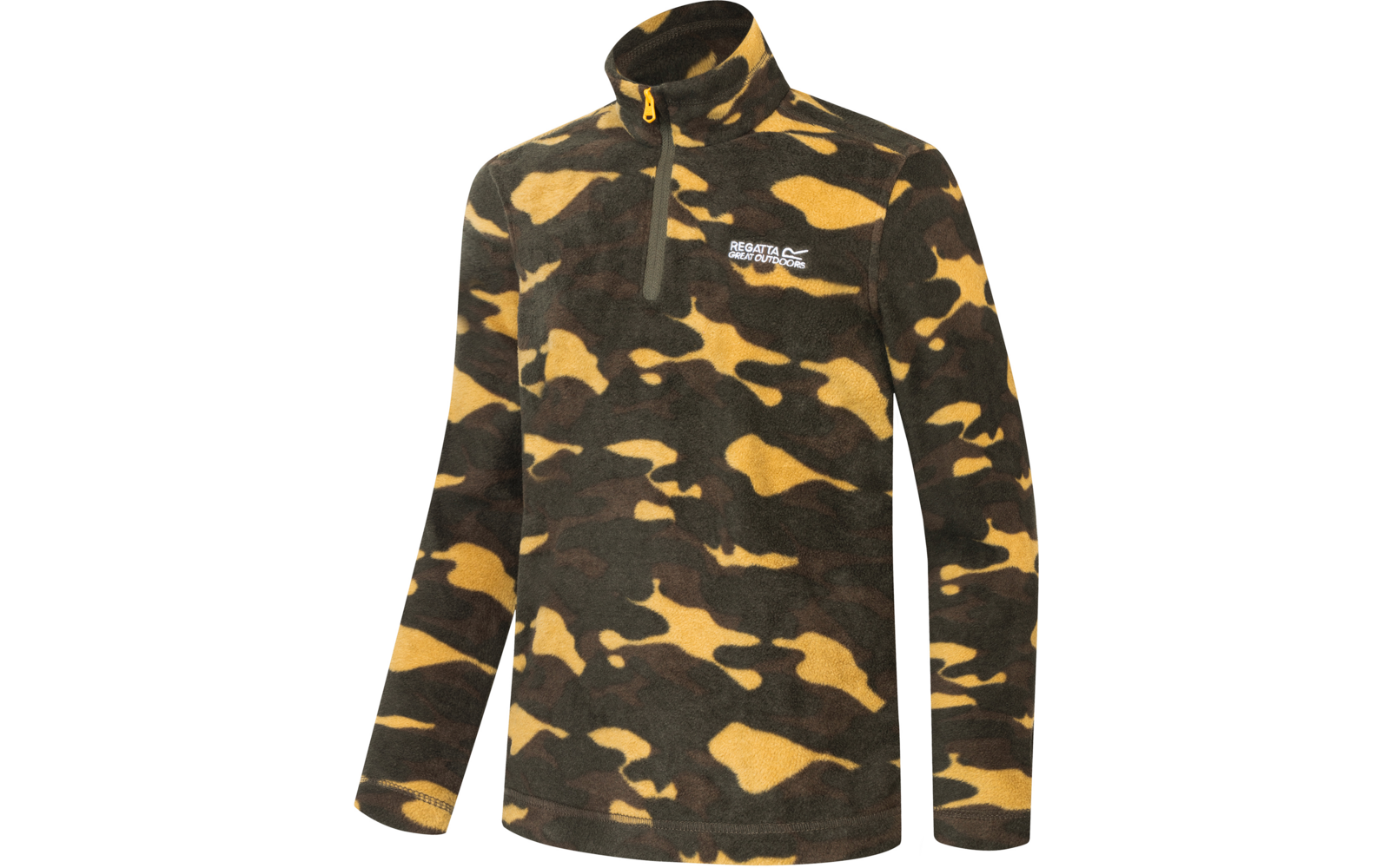 Fleecepullover mit Tarnmuster in Grün, Braun und Gelb, Stehkragen mit kurzem Reißverschluss, weißes Logo auf der Brust, lange Ärmel