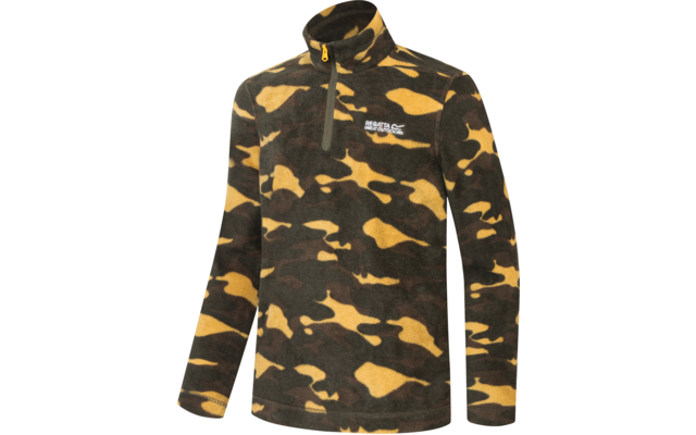 Fleecepullover mit Tarnmuster in Grün, Braun und Gelb, Stehkragen mit kurzem Reißverschluss, weißes Logo auf der Brust, lange Ärmel