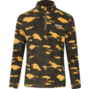 Fleece-Pullover mit Stehkragen und halbem Reißverschluss, lange Ärmel, grün-braun-gelbes Camouflage-Muster, kleines Logo auf linker Brust