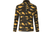 Fleece trui met opstaande kraag en halve rits, lange mouwen, groen-bruin-gele camouflageprint, klein logo op linker borst
