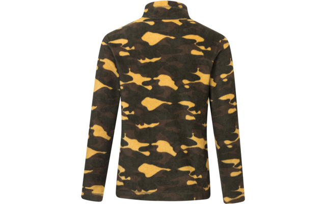Rückenansicht einer langärmligen Jacke mit Stehkragen und grün-gelb-braunem Camouflage-Muster