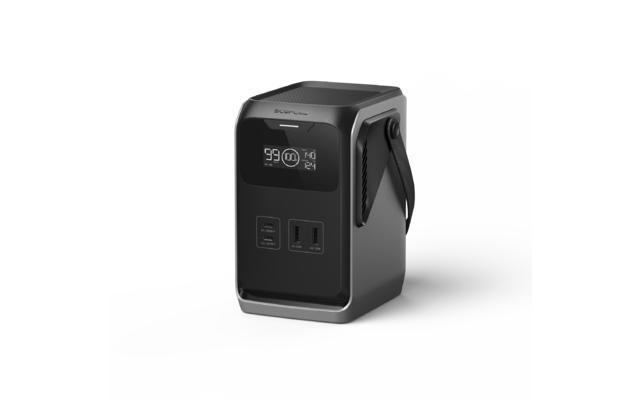 Grijs-zwart rechthoekig draagbaar apparaat met zijhandvat, frontpaneel met display "99" en symbolen en twee zichtbare aansluitingen