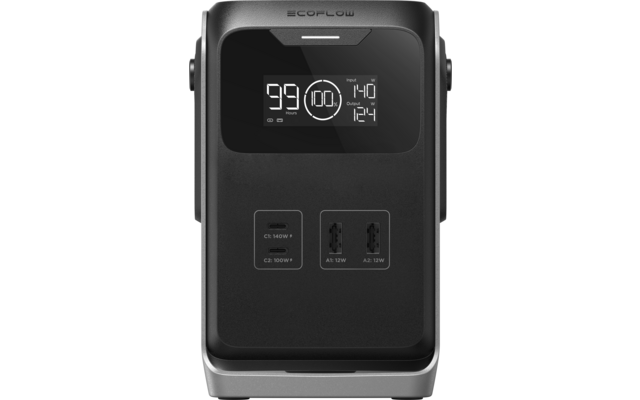 Zwart rechthoekig apparaat met afgeronde hoeken, digitaal display bovenaan met grote '99' en extra cijfers rechts, twee naast elkaar geplaatste AC-stopcontacten onderaan, 'ECOFLOW'-tekst boven het display