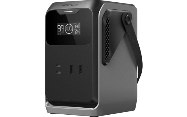 Grijs-zwart rechthoekig apparaat met draagriem aan de zijkant, zwarte glanzende voorkant met digitaal scherm '99' en iconen, twee rechthoekige USB-poorten, twee kleinere sleuven en zijventilatie