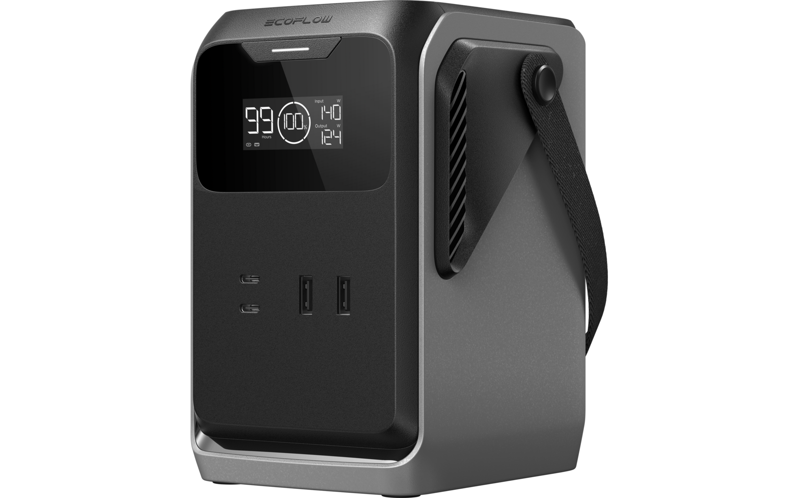 Grijs-zwart rechthoekig apparaat met draagriem aan de zijkant, zwarte glanzende voorkant met digitaal scherm '99' en iconen, twee rechthoekige USB-poorten, twee kleinere sleuven en zijventilatie