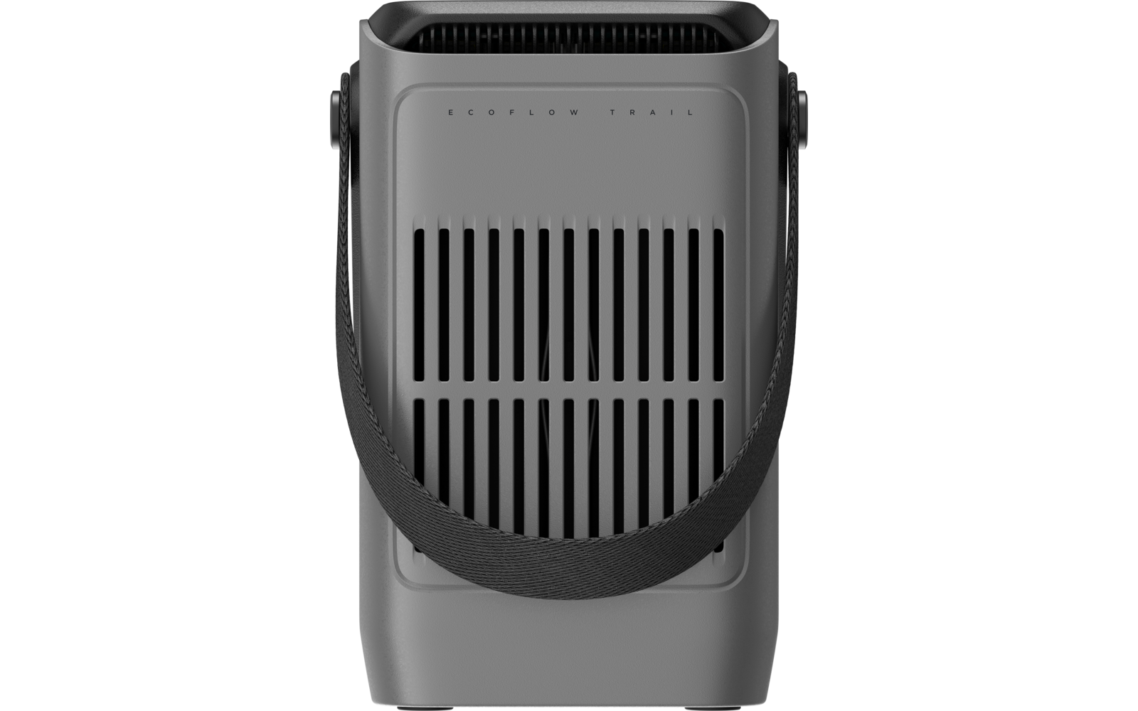 Grijs draagbaar apparaat met verticale ventilatiesleuven, zwarte draagriem en rechthoekige bovenopening