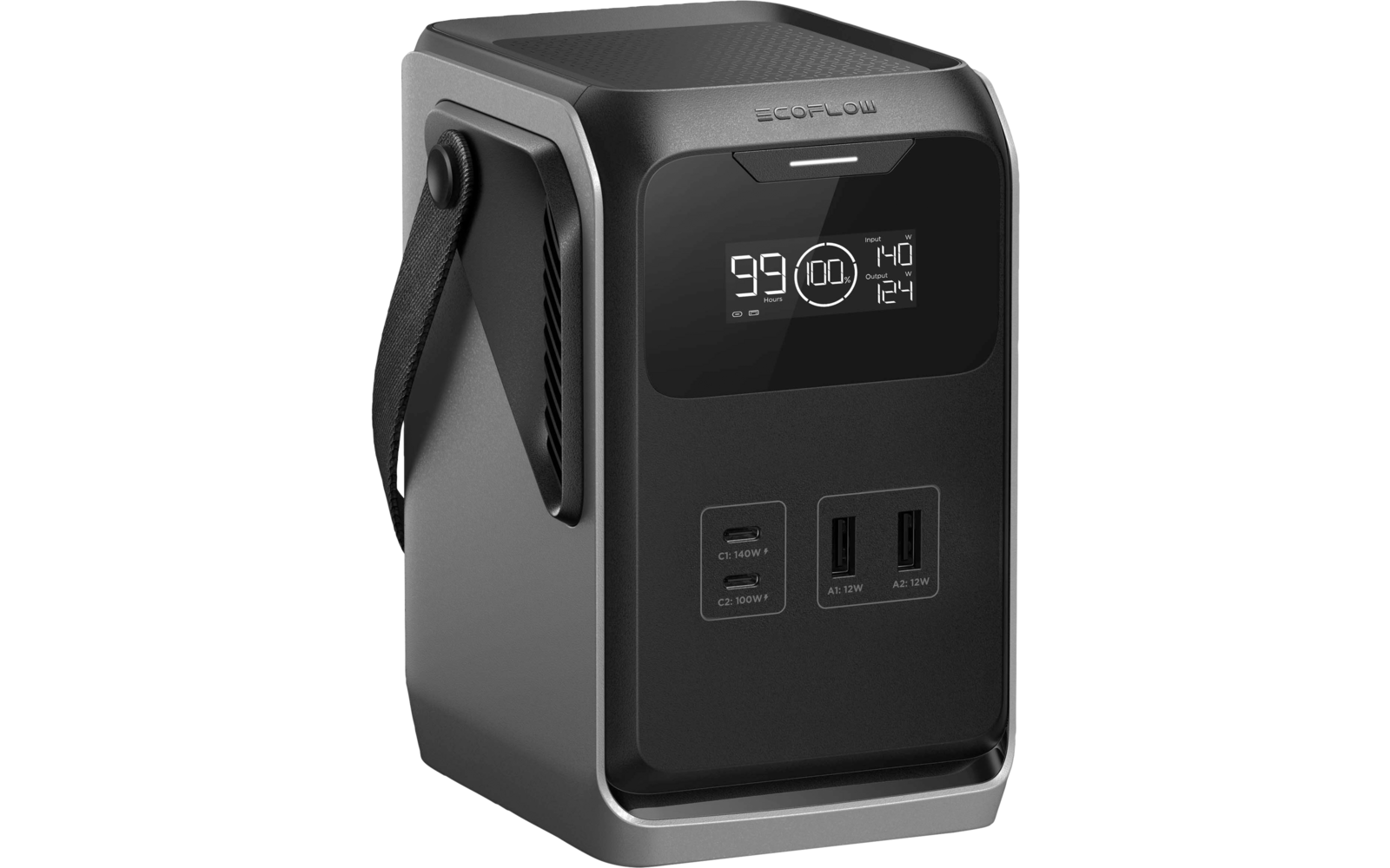 Zwart rechthoekig apparaat met draaghandvat, voorpaneel toont digitaal '99', voorste stekker- en meerdere USB-aansluitingen