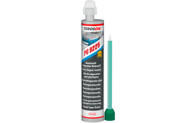 Weiße Kartusche mit rotem und blauem Etikett, Aufdruck 'TEROSON' und 'PU 9225', mit grünem Kunststoffaufsatz