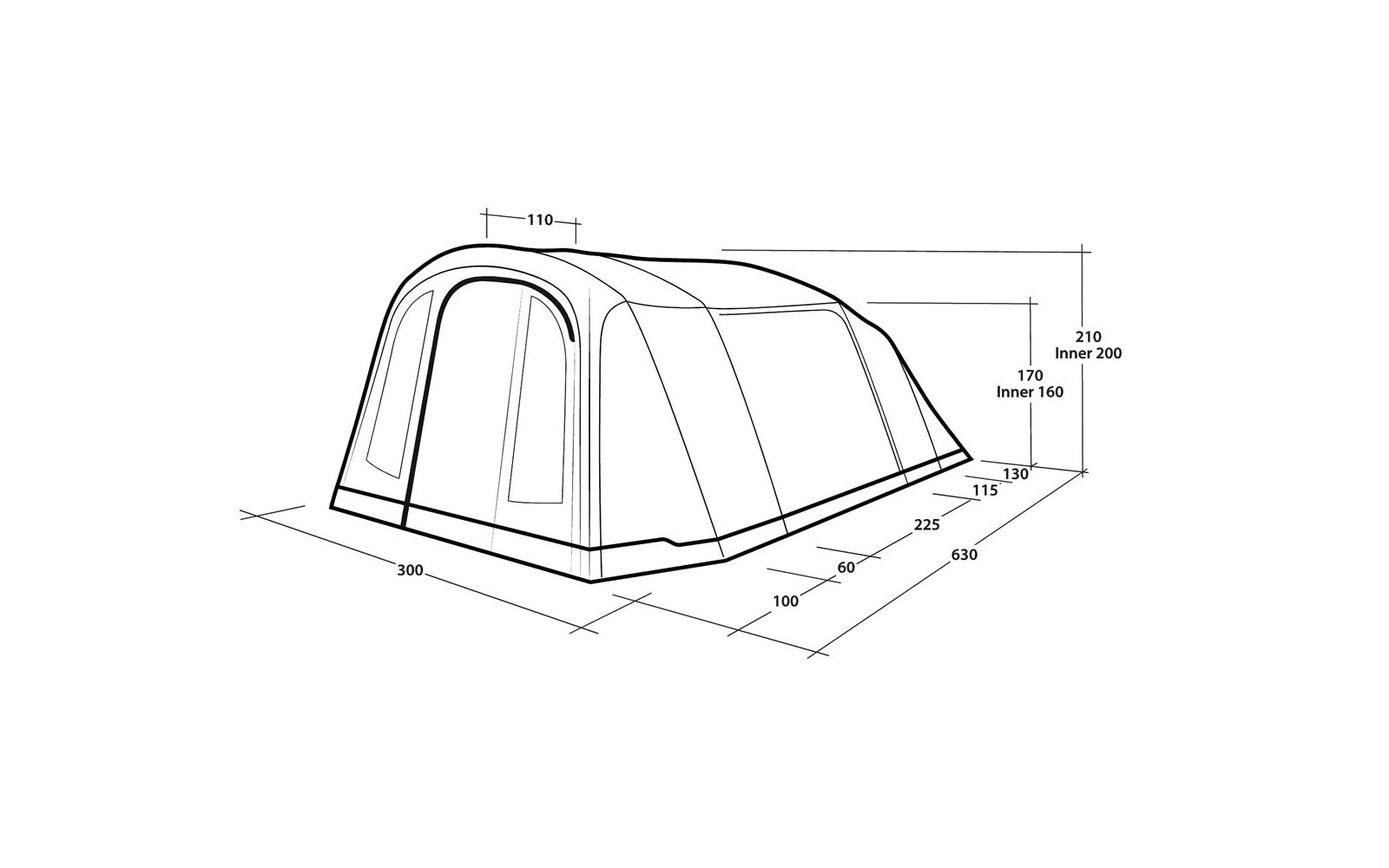Zwart-wit technische tekening van een tent met meerdere bogen, raamopeningen, maatlijnen en cijfers