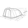 Zwart-wit technische tekening van een tent met meerdere bogen, raamopeningen, maatlijnen en cijfers
