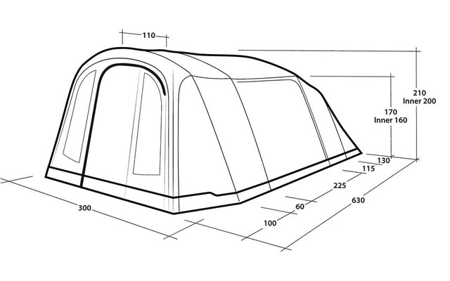 Zwart-wit technische tekening van een tent met meerdere bogen, raamopeningen, maatlijnen en cijfers