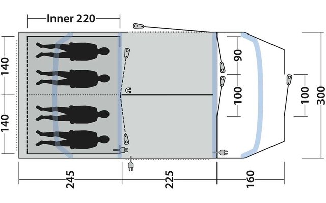 Schematische plattegrond van een voertuig van bovenaf met vier zwarte menssilhouetten links, grijs gearceerde vlakken, voorcabine rechts blauw omlijnd, cijfers en maatpijlen