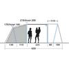 Zijaanzicht van een tent met tentomtrek, een binnenscheiding en drie blauwe zijvlakken; twee staande personen en een kind als silhouetten binnenin; maatlijnen en cijfers (bijv. 630, 225, 210/Inner 200)