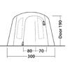 Zwart-witte lijntekening van een halfronde constructie met twee verticale smalle rechthoeken, een gebogen ritssluiting met twee ritskoppen; onderaan '300', in het midden '80' en '70'; rechts 'Door 190'