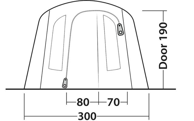 Zwart-witte lijntekening van een halfronde constructie met twee verticale smalle rechthoeken, een gebogen ritssluiting met twee ritskoppen; onderaan '300', in het midden '80' en '70'; rechts 'Door 190'