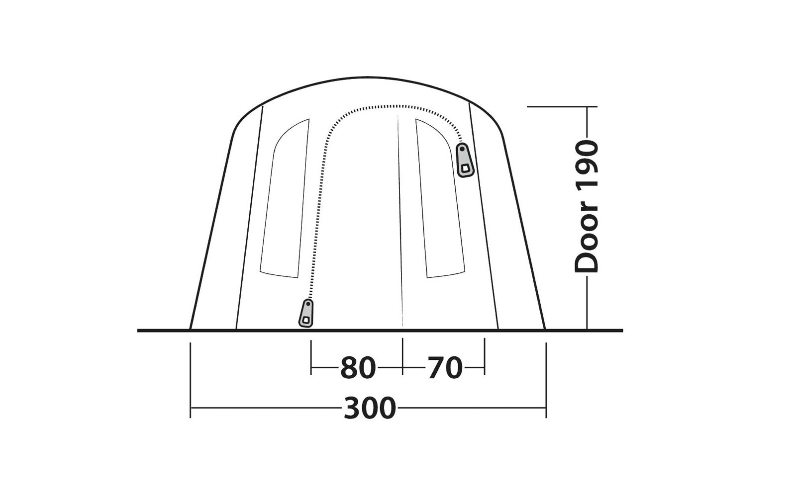 Zwart-witte lijntekening van een halfronde constructie met twee verticale smalle rechthoeken, een gebogen ritssluiting met twee ritskoppen; onderaan '300', in het midden '80' en '70'; rechts 'Door 190'