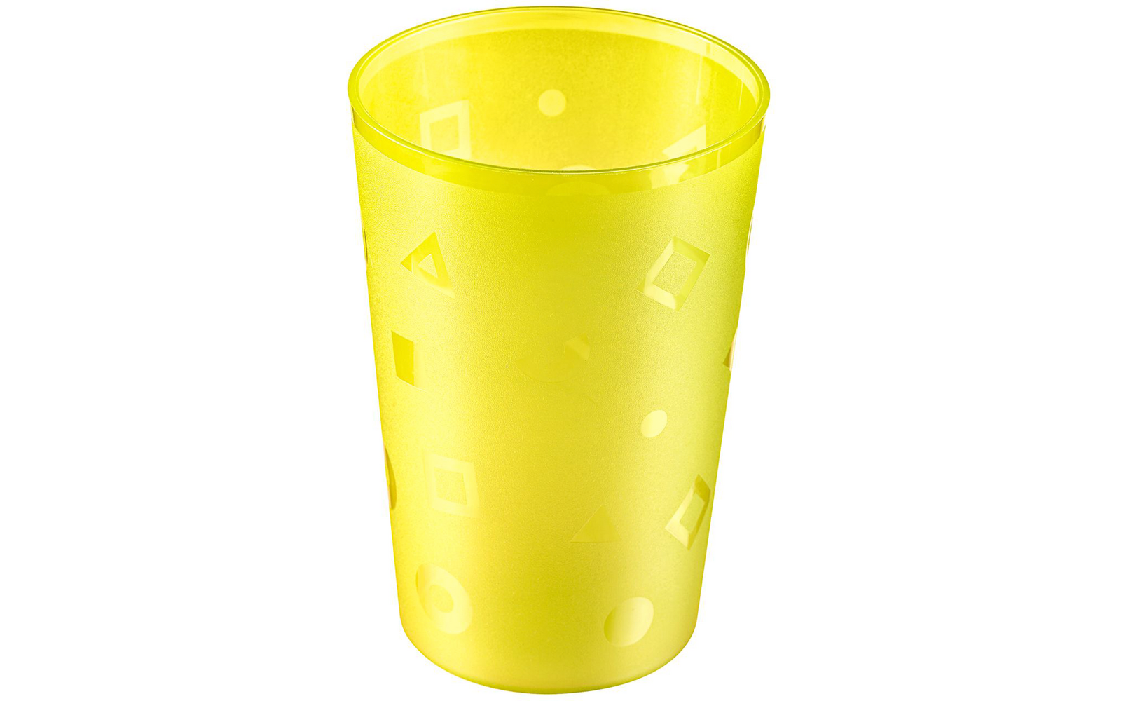 Vaso de plástico amarillo translúcido con formas geométricas en relieve (círculos, cuadrados, triángulos, rectángulos), cónico