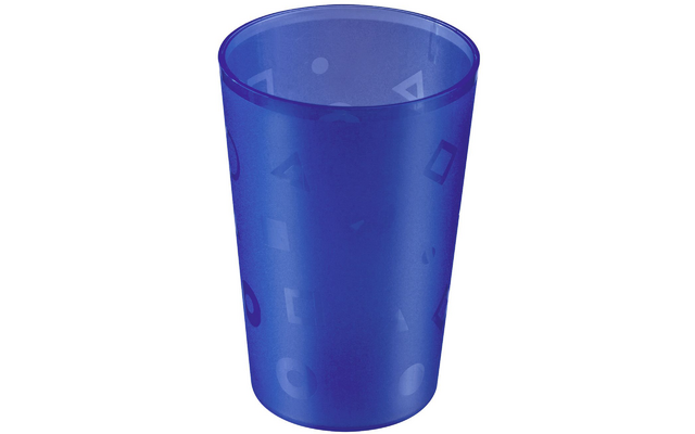 Vaso azul translúcido con formas geométricas impresas discretas (círculos, triángulos, cuadrados)