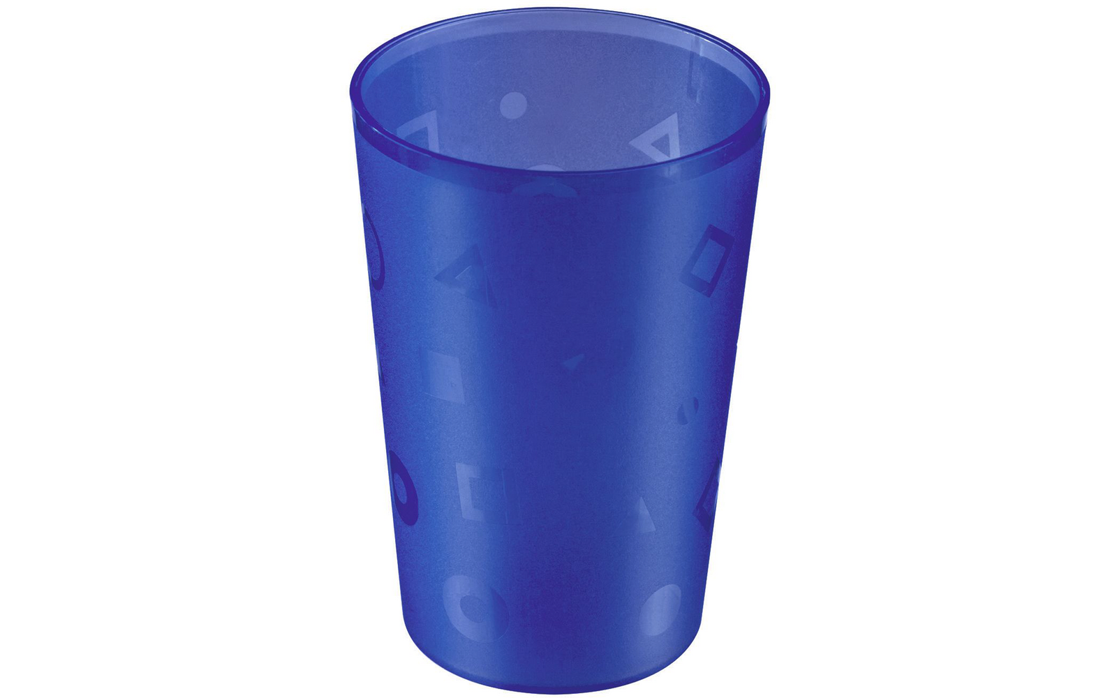 Vaso azul translúcido con formas geométricas impresas discretas (círculos, triángulos, cuadrados)