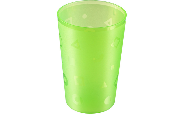 Vaso verde translúcido con formas geométricas más claras (círculos, triángulos, cuadrados) en la superficie