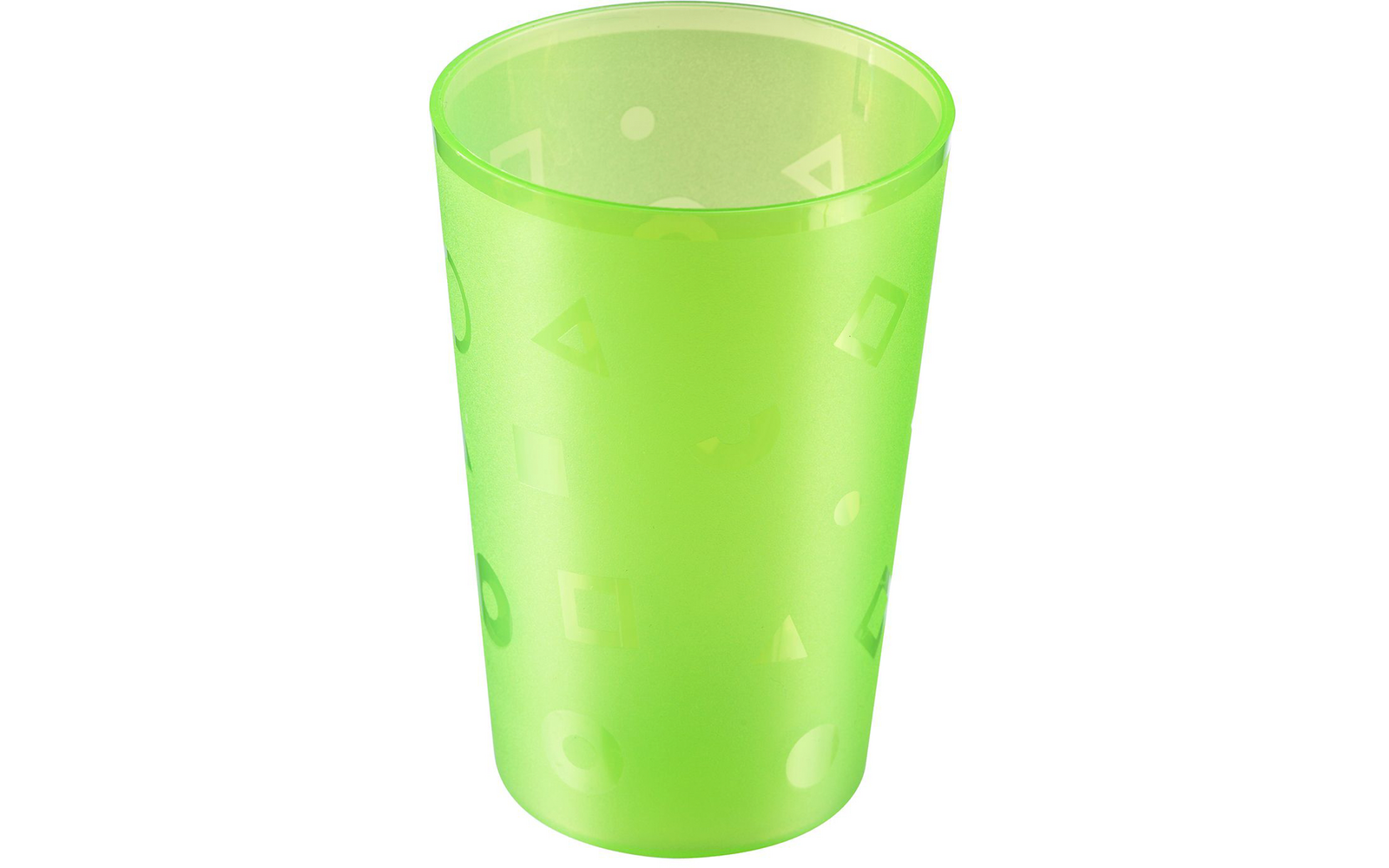 Vaso verde translúcido con formas geométricas más claras (círculos, triángulos, cuadrados) en la superficie