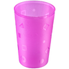 Vaso de plástico rosa translúcido con motivo de formas geométricas (círculos, triángulos, cuadrados), vacío