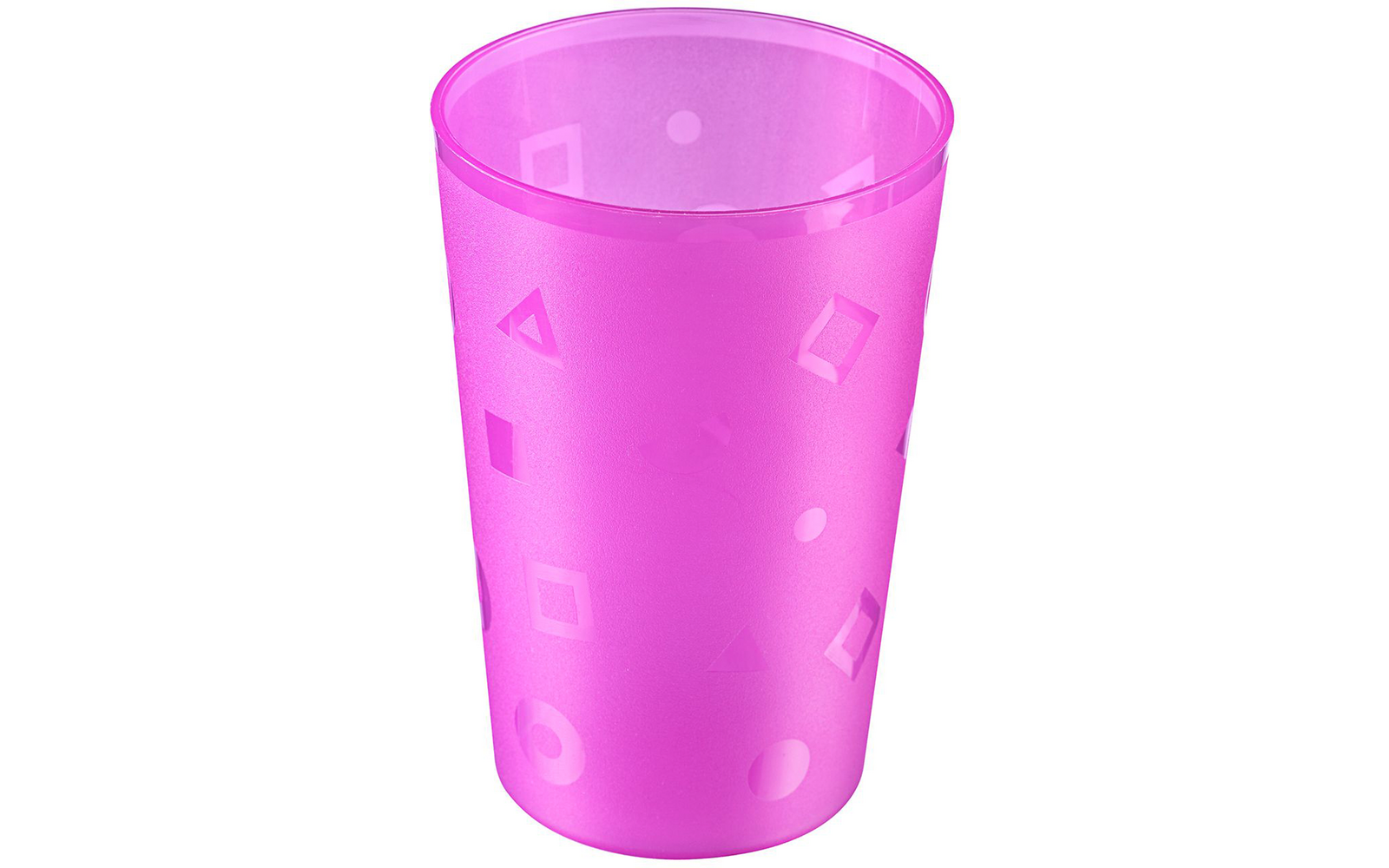 Vaso de plástico rosa translúcido con motivo de formas geométricas (círculos, triángulos, cuadrados), vacío