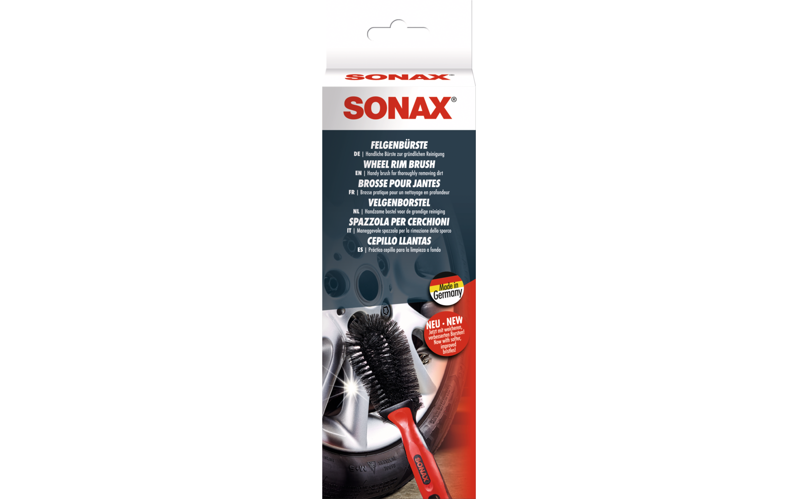 Verpackung eines SONAX Kratzer-Entferners mit Bild eines Autos und einer Hand, die ein Tuch an einem roten Auto verwendet