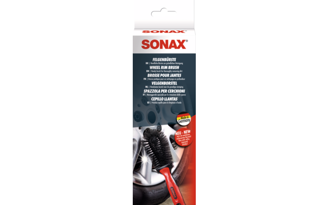 Verpackung eines SONAX Kratzer-Entferners mit Bild eines Autos und einer Hand, die ein Tuch an einem roten Auto verwendet