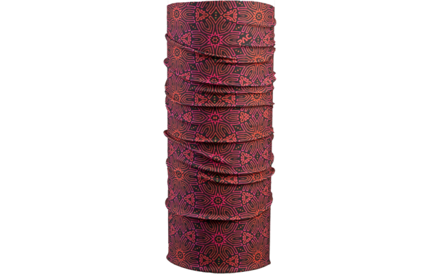 Rundes, mehrlagiges, rotes Stoffstück mit Muster aus Kreisen und Streifen