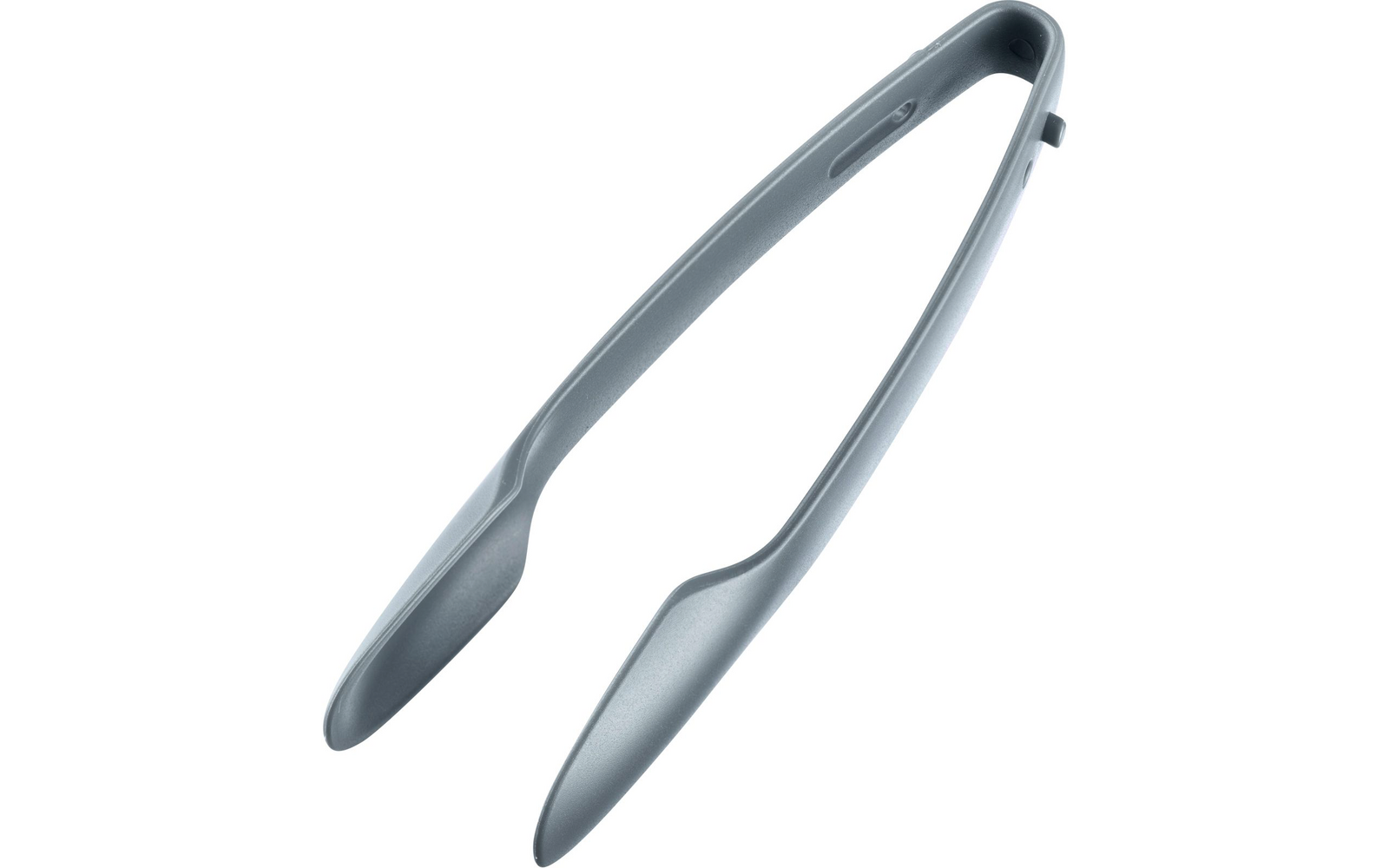 Pince gris argenté avec deux bras longs courbés et embouts de préhension arrondis sur fond blanc