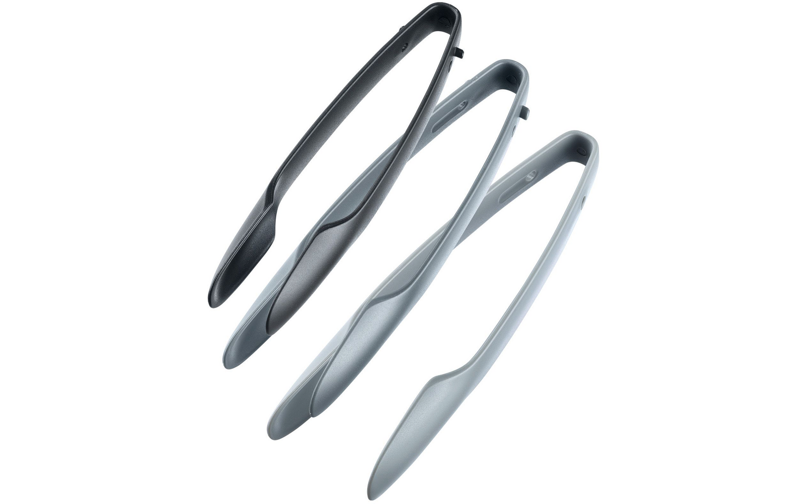 Trois chausse-pieds incurvés en plastique gris foncé, gris moyen et gris clair sur fond blanc