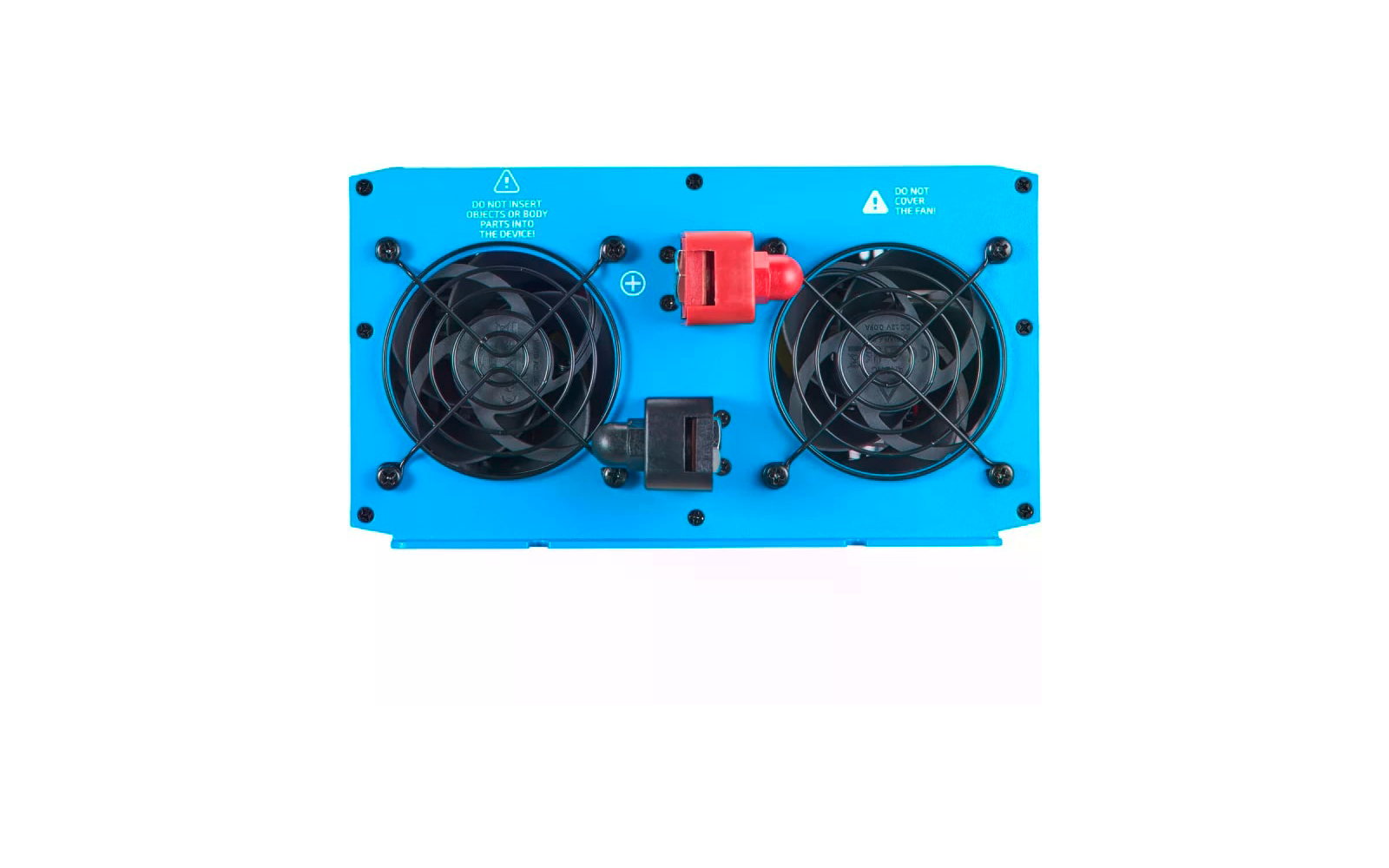 Blaue elektronische Gerätetafel mit zwei großen Lüftern und mehreren Anschlussstellen