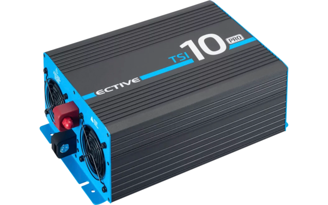 Onduleur noir et bleu avec fentes de ventilation et connecteurs