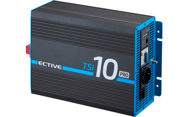 Onduleur portable noir avec accents bleus et connecteurs