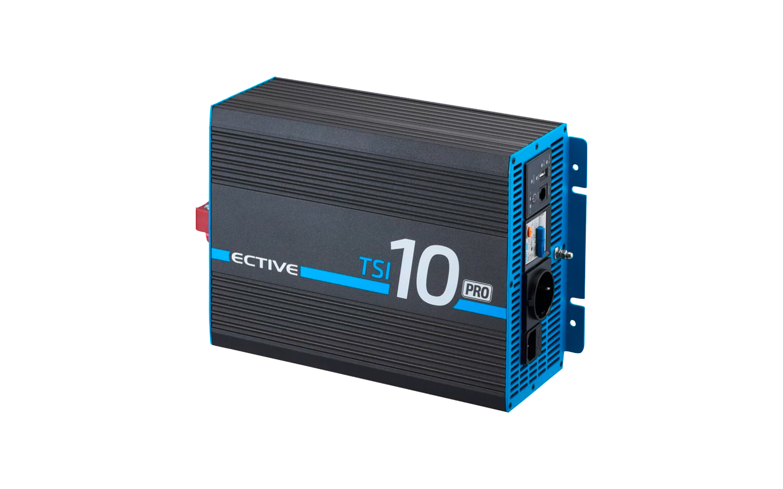 Onduleur portable noir avec accents bleus et connecteurs