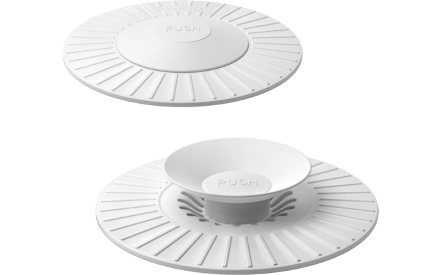 Zwei weiße, runde Kunststoffteile auf weißem Hintergrund; oben flach mit zentraler Taste 'PUSH' und radialen Rillen, unten geöffnet mit nach oben gewölbter Schale in der Mitte, radialen Schlitzen und Rillen