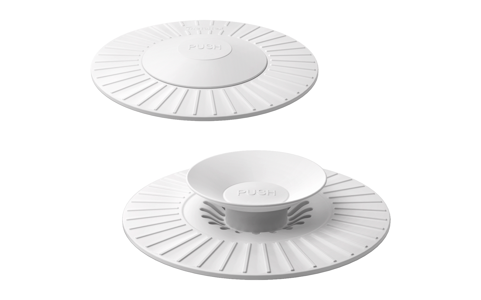 Zwei weiße, runde Kunststoffteile auf weißem Hintergrund; oben flach mit zentraler Taste 'PUSH' und radialen Rillen, unten geöffnet mit nach oben gewölbter Schale in der Mitte, radialen Schlitzen und Rillen