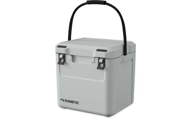 Graue Dometic Kühlbox mit schwarzem Tragegriff und zwei schwarzen Verschlüssen