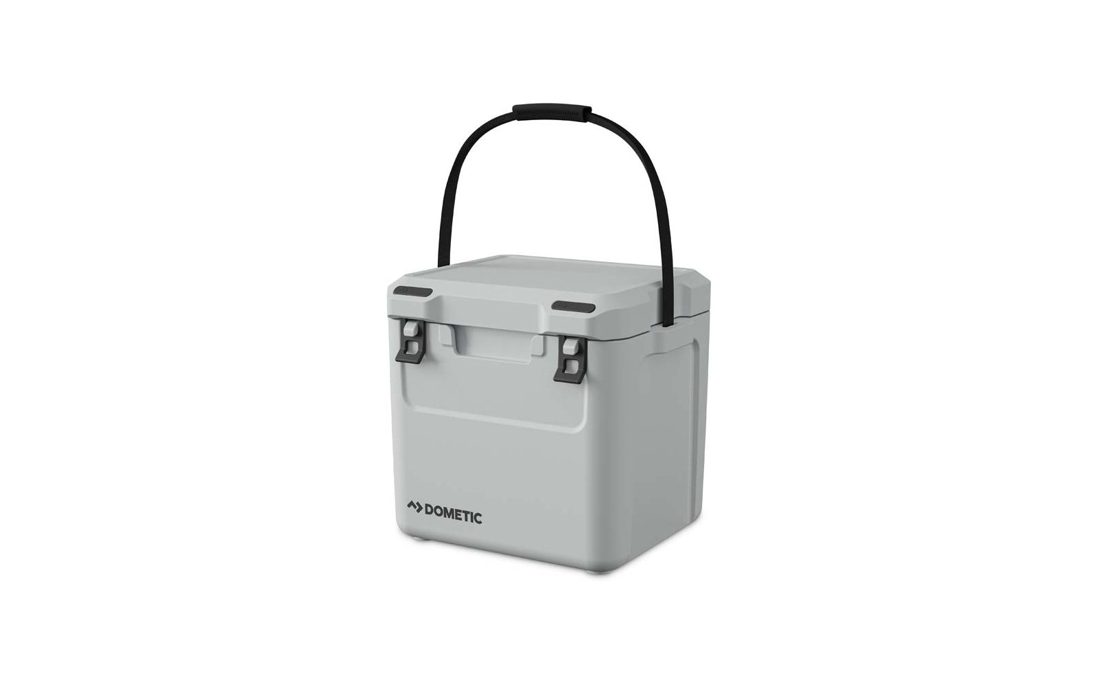 Graue Dometic Kühlbox mit schwarzem Tragegriff und zwei schwarzen Verschlüssen
