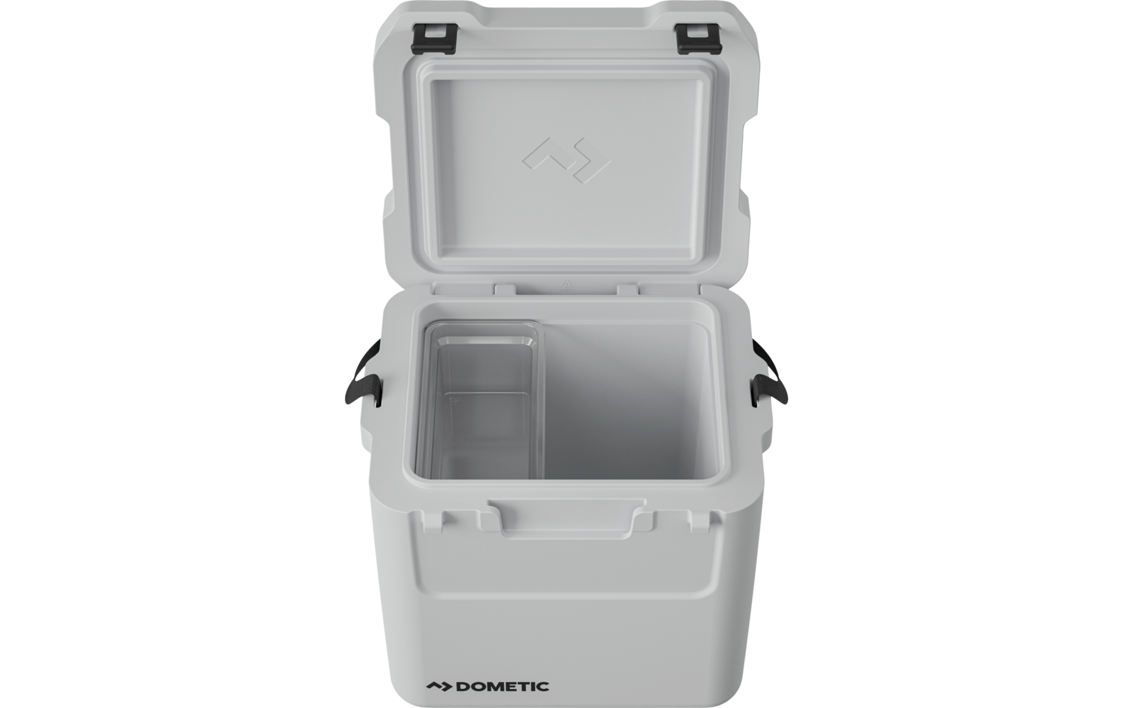 Geöffneter grauer tragbarer Kühler mit Dometic-Logo