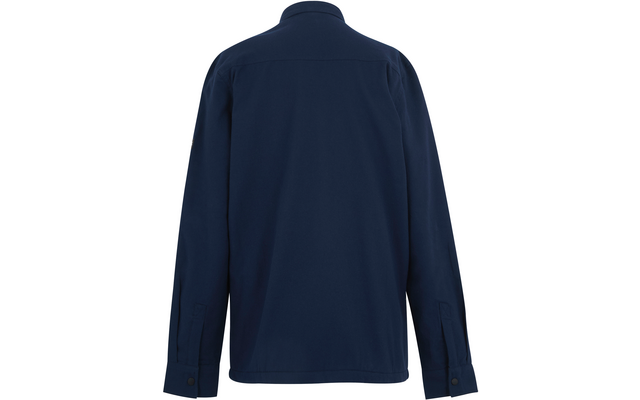 Rückansicht einer dunkelblauen Jacke mit langem Arm und Stehkragen