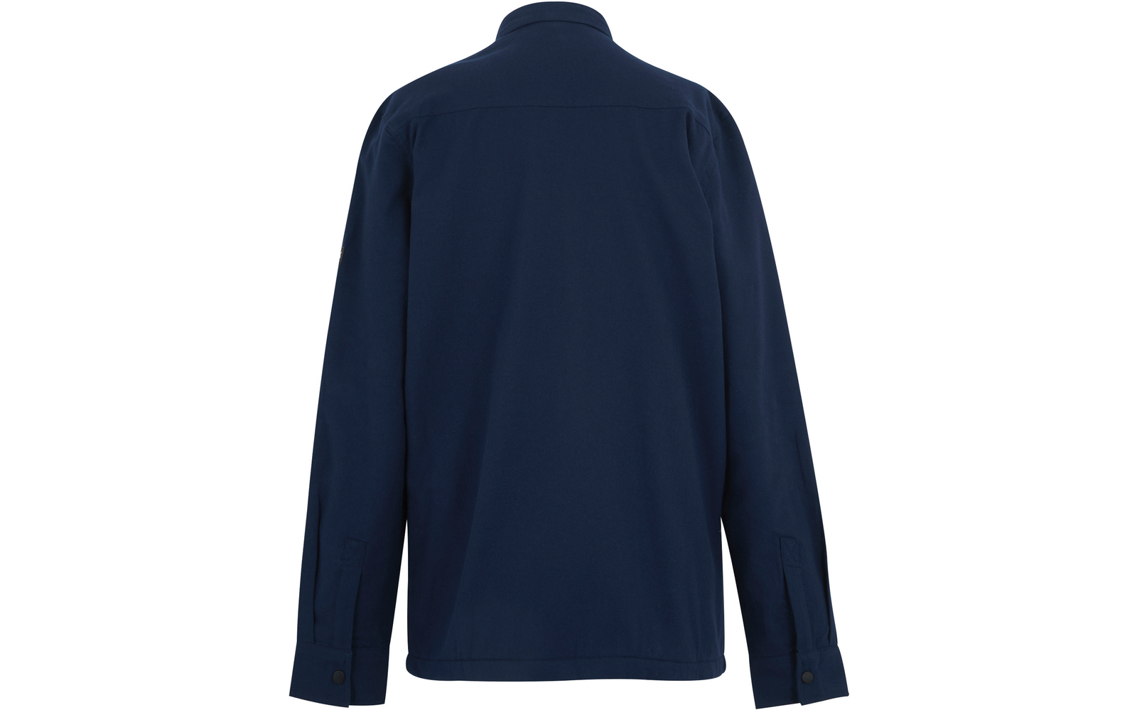 Rückansicht einer dunkelblauen Jacke mit langem Arm und Stehkragen