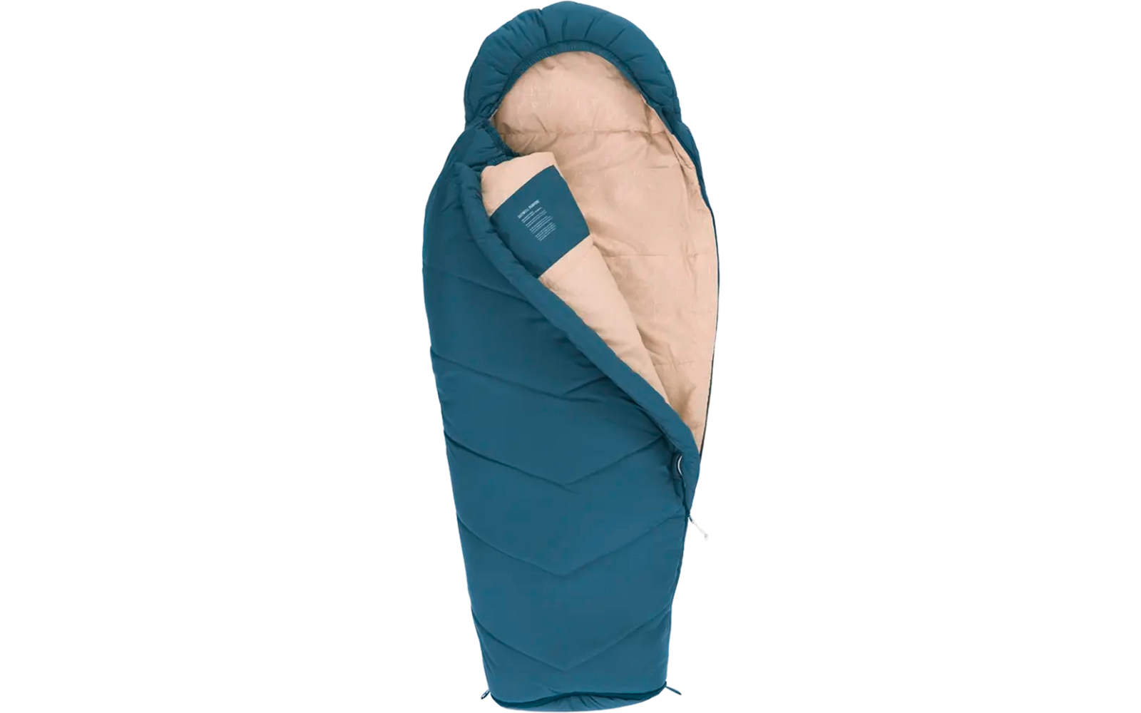 Blauwe slaapzak met beige binnenkant, geopend en liggend