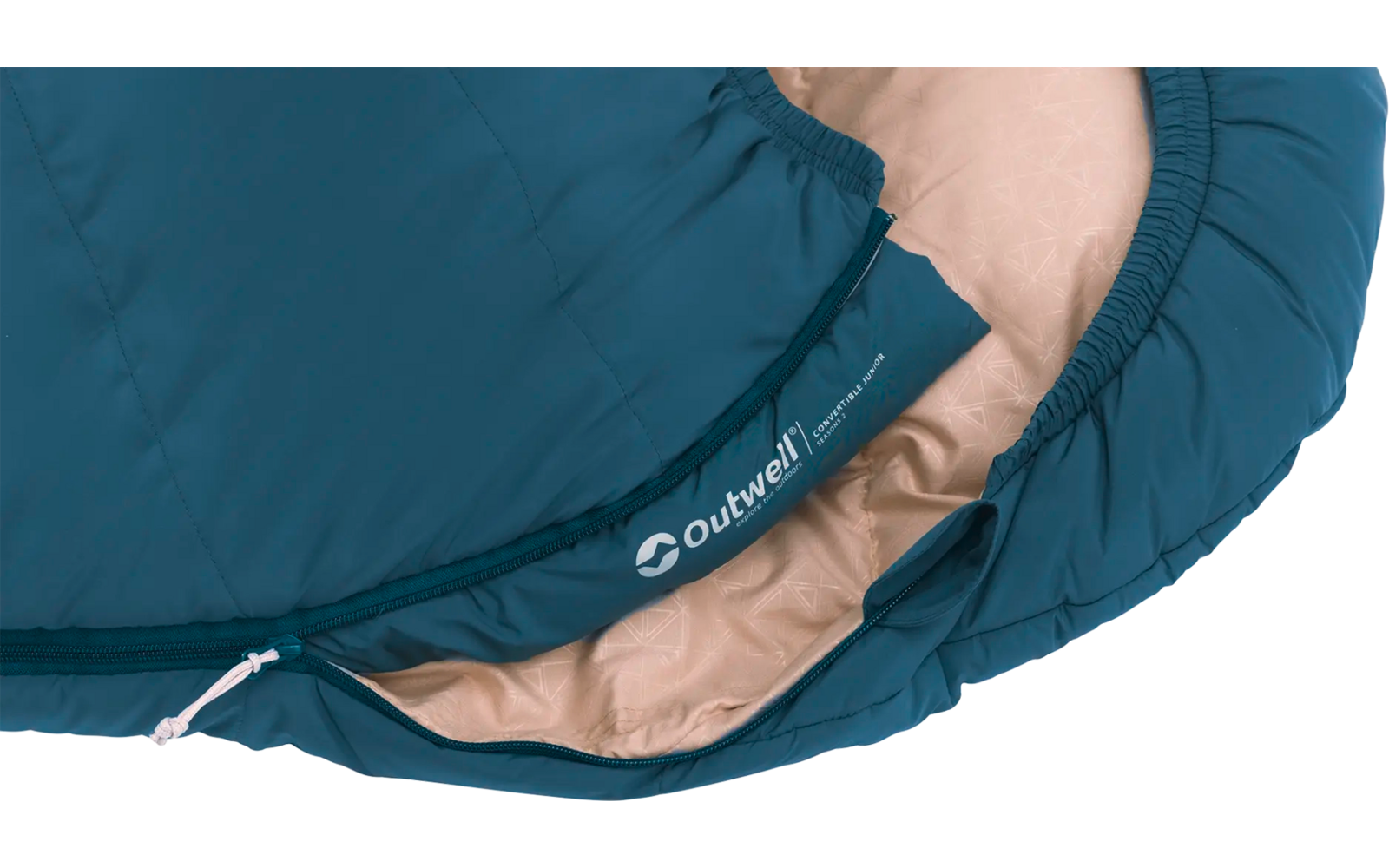 Blauwe slaapzak met beige voering en Outwell-logo