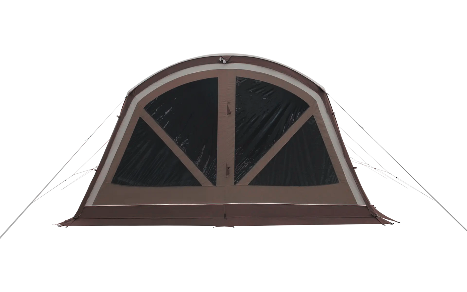 Halbrundes Fenster mit braunem Rahmen und vier Glasscheiben