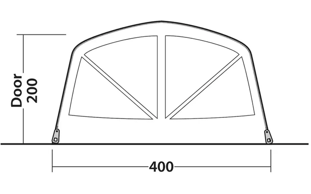 Rechteckiges Zelt mit halbrunder Vorderseite und drei unterteilten Fenstern