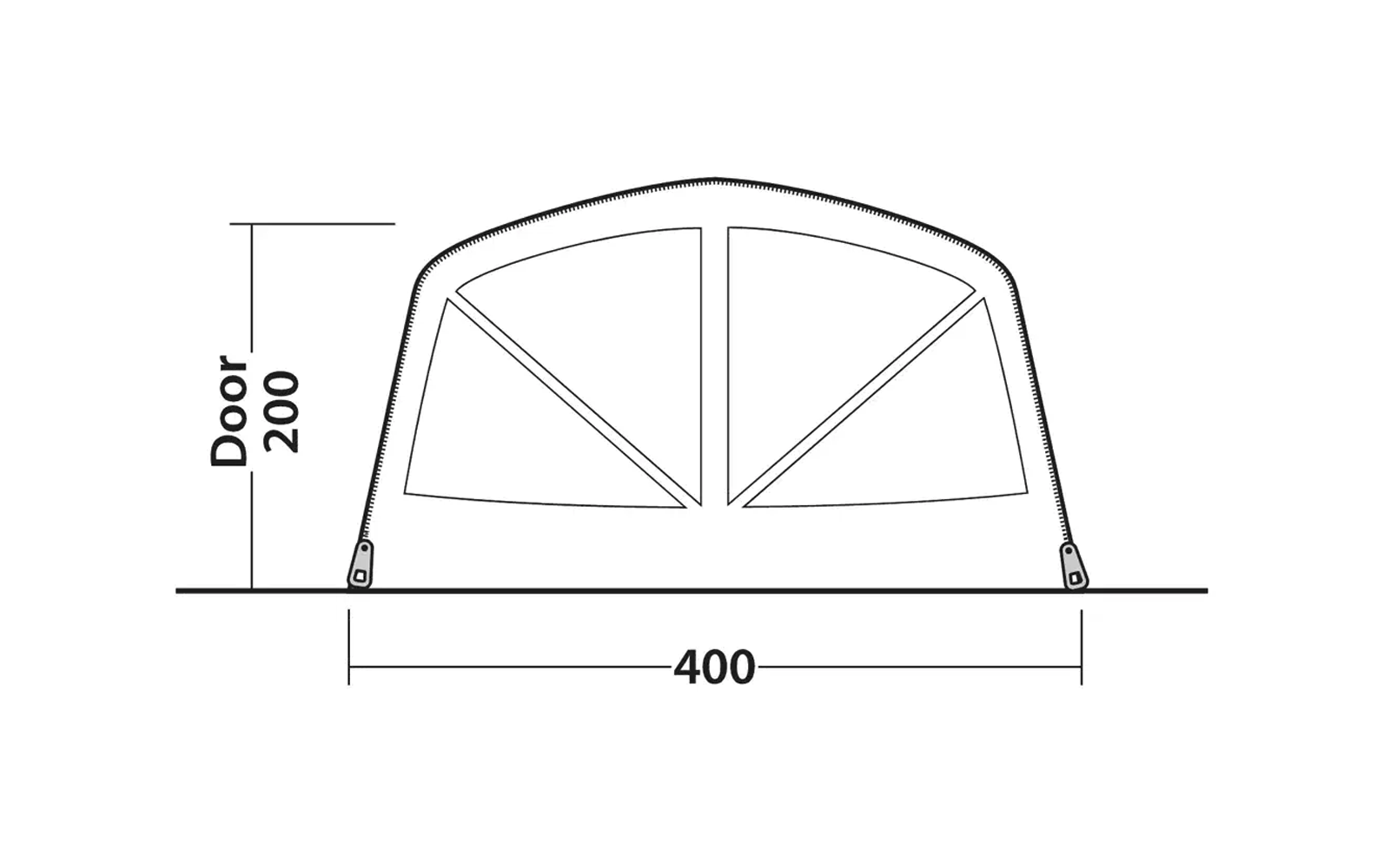 Rechteckiges Zelt mit halbrunder Vorderseite und drei unterteilten Fenstern